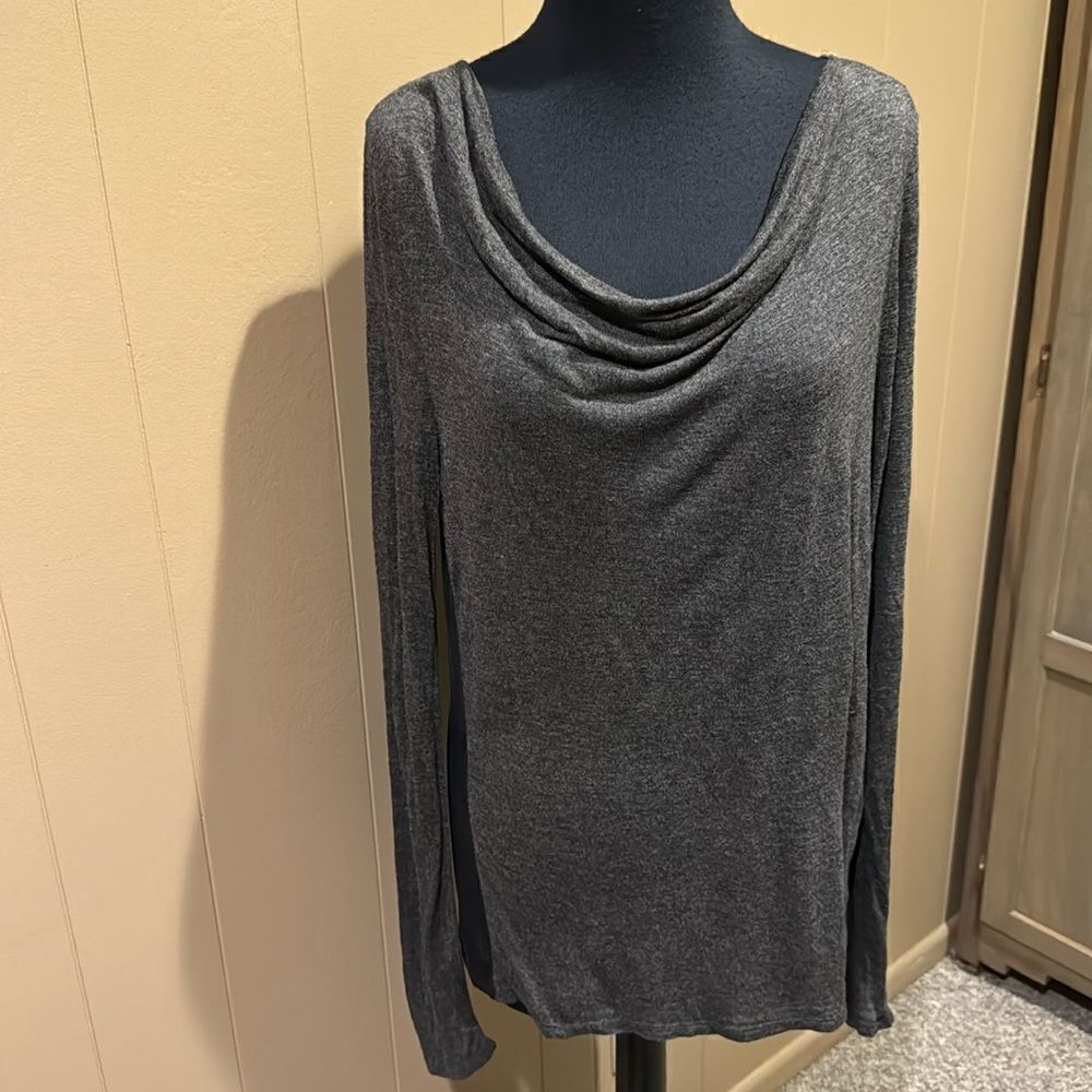 Three Dots heather gray viscose front 100% silk back long sleeve draped neck top